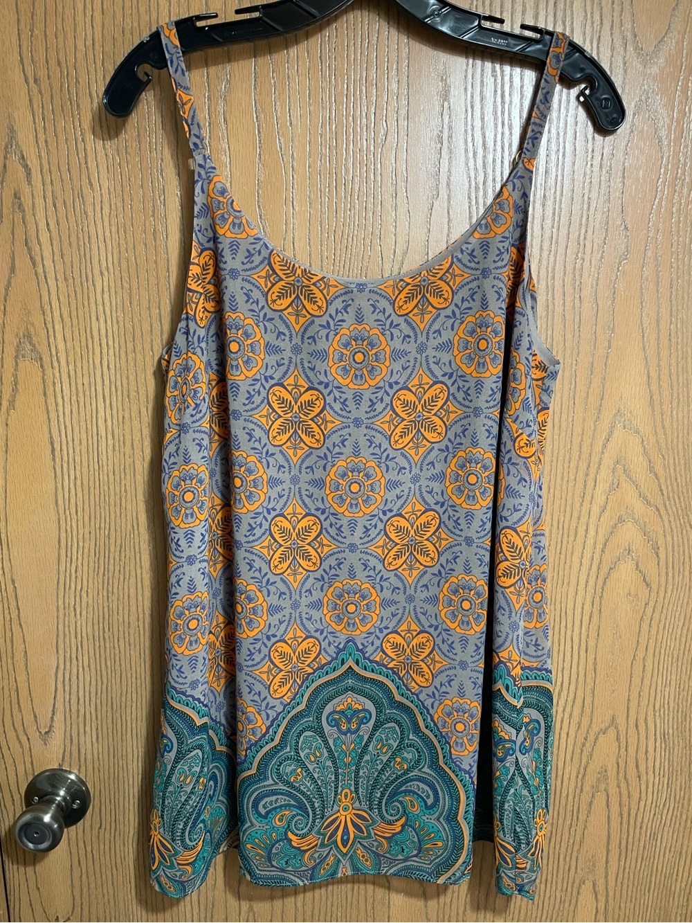 EUC CAbi Tank Top in Brown with Orange & Teal Medallion Print & Adjustable Strap